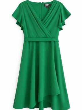 DKNY Kelly Green Faux Wrap Midi Dress Size 16 Flutter Sleeve Asymmetrical Hem